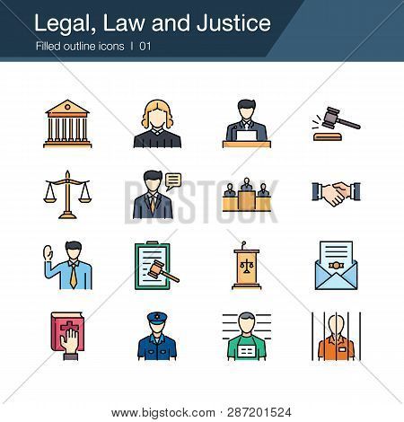 Legal, Law And Justice Icons. Filled Outline Design. For Presentation, Graphic Design, Mobile Applic