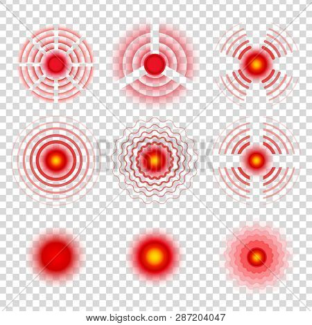 Pain Circle Symbols. Painkiller Remedy Spots Icons, Painful Target Red Radial Vector Signs Set