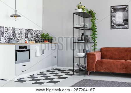 Brown Velvet Sofa Next To Industrial Shelf In Small Kitchen With Grey Cabinets