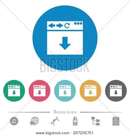 Browser Scroll Down Flat White Icons On Round Color Backgrounds. 6 Bonus Icons Included.