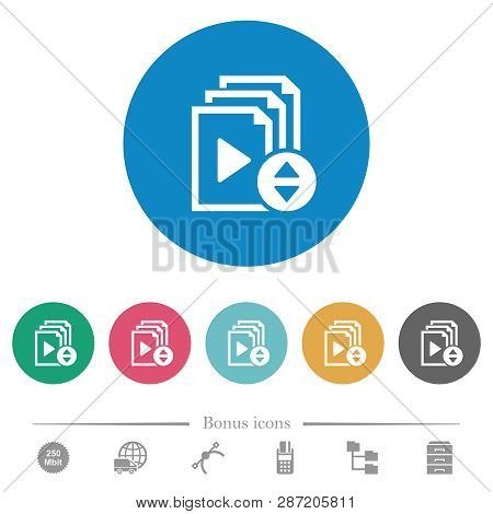 Select Playlist Item Flat White Icons On Round Color Backgrounds. 6 Bonus Icons Included.