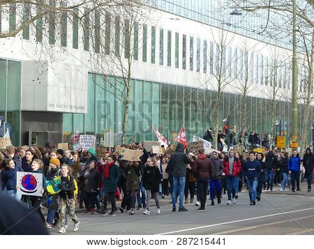 The Hague, The Netherlands - February 7 2019: Students At Anti Climate Change Protest In The Hague W