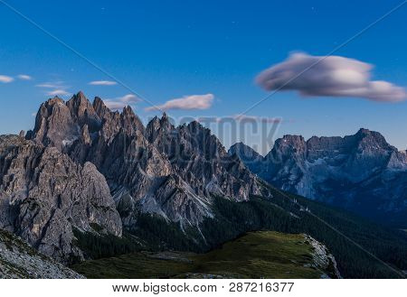 Dolomites Mountain Landscape View From Tre Cimes Lavaredo Loop Trail At Night, South Tyrol, Italy