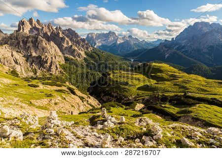 Dolomites Mountain Landscape View From Tre Cimes Lavaredo Loop Trail, South Troy, Italy