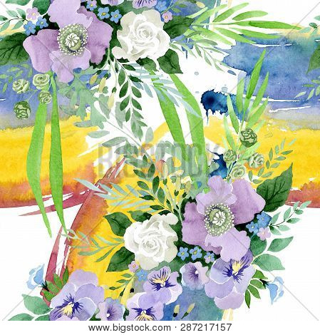 Violet Bouquet Floral Botanical Flowers. Watercolor Background Illustration Set. Seamless Background