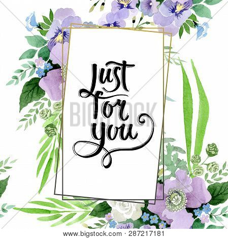 Violet Bouquet Floral Botanical Flowers. Watercolor Background Illustration Set. Frame Border Crysta