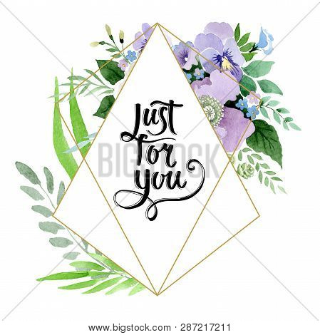 Violet Bouquet Floral Botanical Flowers. Watercolor Background Illustration Set. Frame Border Crysta