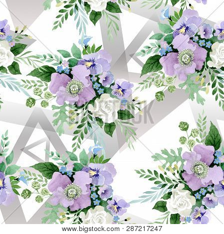 Violet Bouquet Floral Botanical Flowers. Watercolor Background Illustration Set. Seamless Background