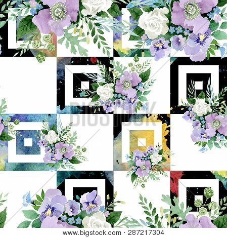 Violet Bouquet Floral Botanical Flowers. Watercolor Background Illustration Set. Seamless Background