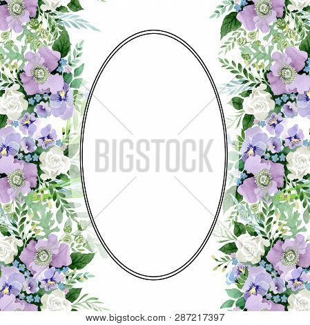 Violet Bouquet Floral Botanical Flowers. Watercolor Background Illustration Set. Frame Border Orname
