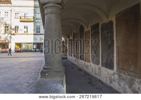Kosice, Slovakia - February 14, 2019: Collonnade Of St Urban Tower On Main Street In Old Town Of Kos