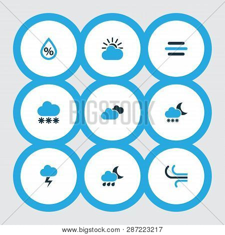 Climate Icons Colored Set With Snow, Cloudy Sky, Snowfall And Other Drizzle Elements. Isolated Vecto