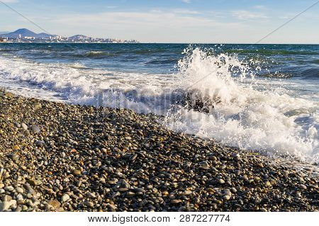 Beaytiful Sea Landscape With Beach And Waves, One Sunny Day, Black Sea, Russia.