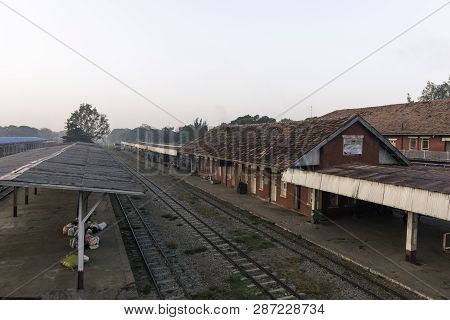 Thazi, Myanmar - 23 November, 2018: Wide Angle Picture Of Thazi Train Station During Morning Time, L
