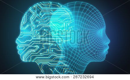 Digital Circuit Head On Dark Background. Artificial Intelligence And Data Concept. 3d Rendering