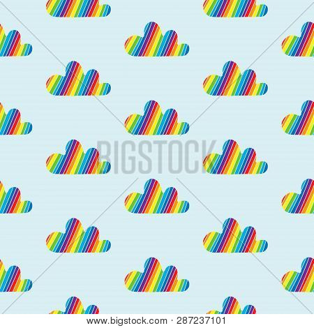 Rainbow Clouds Colorful Stripes Hand Drawn Seamless Pattern