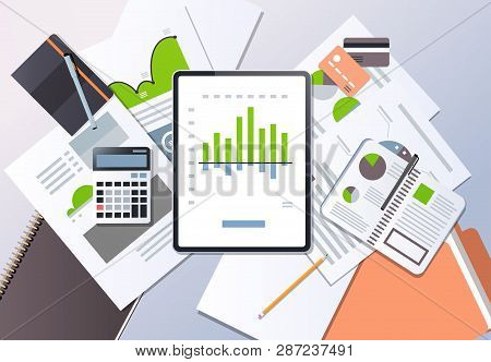 Financial Report Investment Business Finance Concept Top Angle View Desktop Tablet Screen Paper Docu