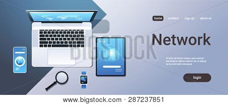 Cloud Computing Technology Network Sync Concept Top Angle View Desktop Laptop Smartphone Tablet Smar