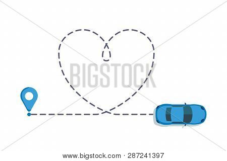 Love Car Route. Romantic Travel, Heart Dashed Line Trace And Routes. Hearted Vehicle Path, Dotted Lo