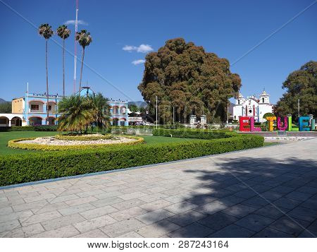 Santa Maria Del Tule, North America Mexico On February 2018: Fabulous Main Square With Town Hall And