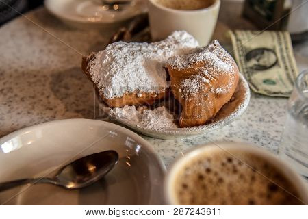 Classic Breakfast In New Orleans With Coffee And Beignet