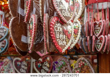Munich, Germany, Oktoberfest, Kiosk Selling Traditional Heart Shape Gingerbread