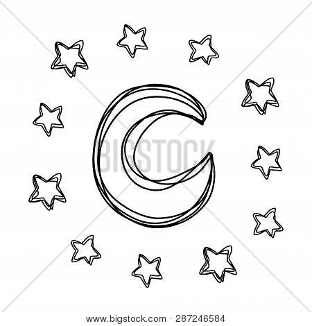 Moon And Stars On A Sky Hand Drawn One Line Illustration