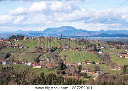 View From Village Langegg Over Schilcherland Stainz Weinstrasse Vine Route With Vineyards And Farm H