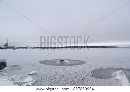 Melancholic Landscape With The Mystery Sign On The Frozen Lake