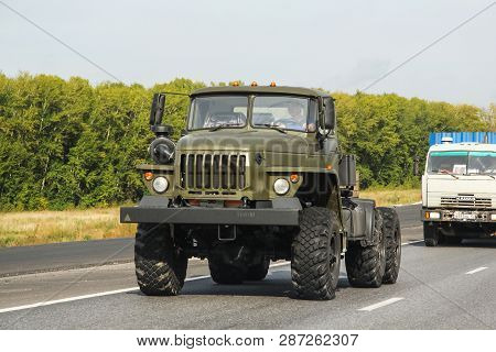 Bashkortostan, Russia - August 27, 2014: Brand New Army Chassis Truck Ural 4320 In The City Street.