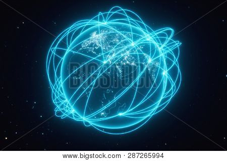 World Connections With City Lights. Blue. Earth Globe. Spinning Earth With Light Lines Growing From 