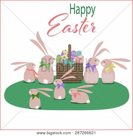 Simple Flat Happy Easter Illustration With Some Funny Rabbits And Easter Eggs Isolated On White Back
