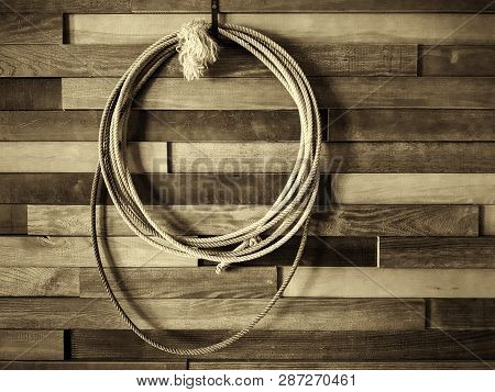 Wild West Style Restaurant And Cowboy. On The Wall Is A Shepherd's Lasso. Picture Taken In Ukraine, 