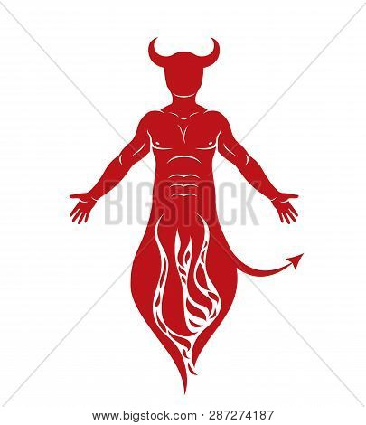 Vector Human Being Standing In Flame. Mystic Infernal Horned Satan, Evil Spirit.