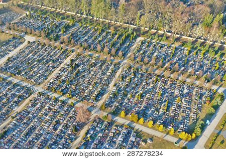 Koszalin, Poland - 01 March 2019 - Aerial View On Big Christian Graveyard In Koszalin City