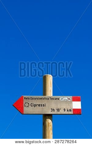 Siena, Italy - June 19, 2018. A Road Sign In The Crete Senesi (senese Clays) Reading: 