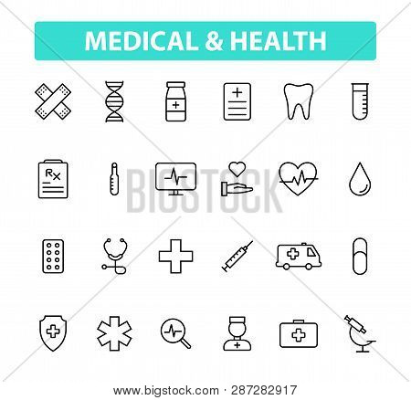 Set Of 24 Medical And Health Web Icons In Line Style. Medicine And Health Care, Rx, Infographic. Vec