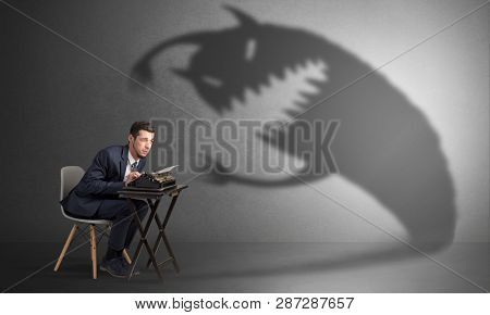Little hard worker afraid of scary monster shadow