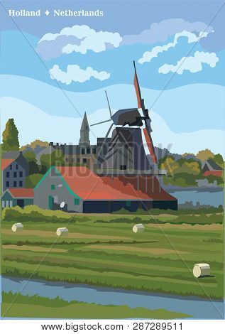 Vector Illustration Of Watermill In Amsterdam (netherlands, Holland). Landmark Of Holland. Watermill