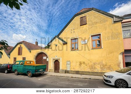 Perchtoldsdorf, Austria - July 16, 2017. Medieval Farmhouse Built In 15th Century. Market Town Of Pe