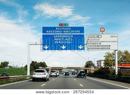 Strasbourg, France - Oct 7, 2017: Driver Pov At Multiple Cars On A4 French Highway With Destination 