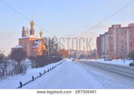 Rybatsky Avenue On The Outskirts Of St. Petersburg At Sunny Winter Day, Russia.
