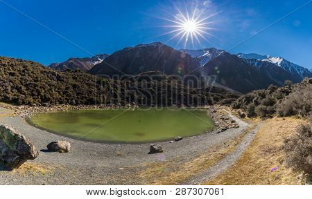 Blue Lakes and the mountains in the Tasman Valley Walk on the way to Tasman Glacier View, South Island, New Zealand