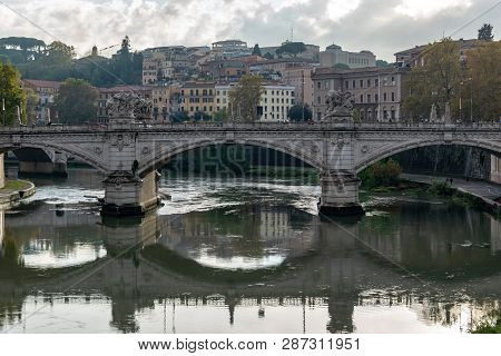 Ponte (bridge) Vittorio Emanuele Ii A Famous Bridge In Rome Across The Tiber, With Four Sculptures S