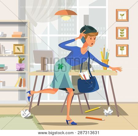 Vector Illustration Flat Woman With Phone Runs Towards. Artist Tight Schedule For Lecture Institute.