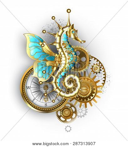 Composition From Mechanical Seahorse (hippocampus), Gears And An Antique Compass On White Background
