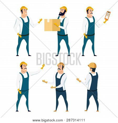 Warehouse Male Worker In Uniform Character Set. Happy Smiling Standing Factory Storage Man In Overal