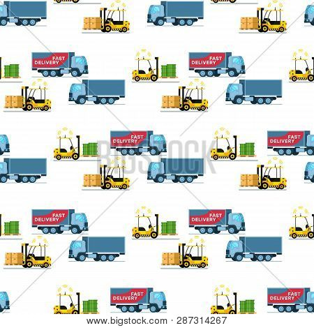 Storage Delivery Transport. Forklift Car Pattern. Warehouse Shipping Truck, Automatic Loader Carring