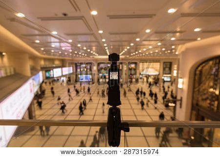 Osaka, Japan - February 27, 2019: Dji Osmo Pocket Records Video Of People Walking Through Hankyu Gra