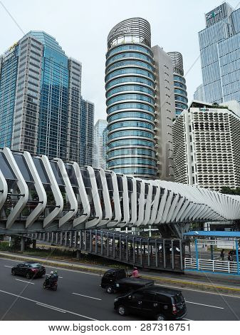Jakarta, Indonesia - February 1, 2019: Futuristic Design Of Gelora Bung Karno Gbk Pedestrian Bridge 